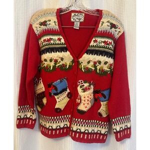 VTG 90s Heirloom Collectibles Ugly Christmas Stockings Cardigan Womens Size S